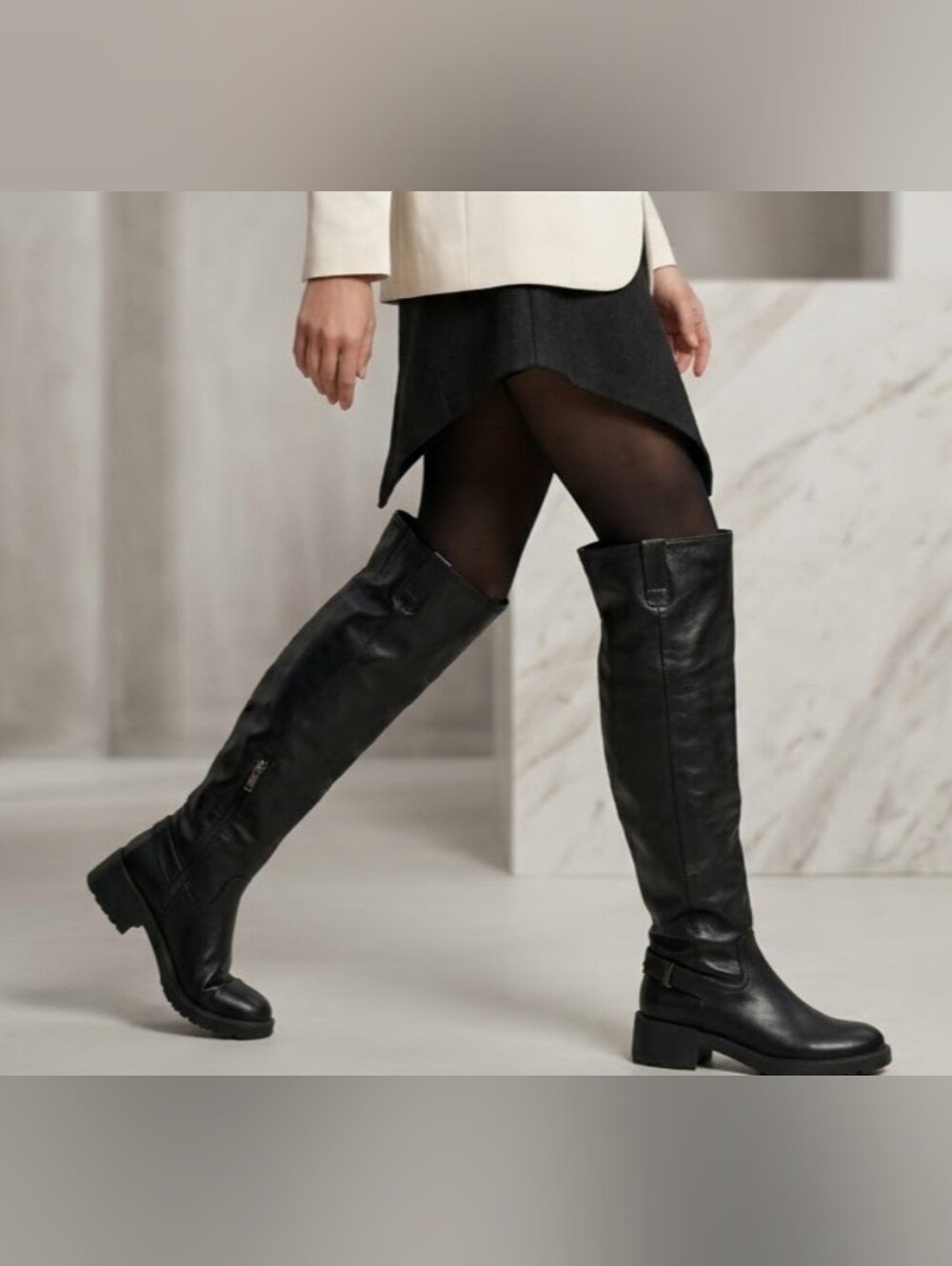 ​ZARA Black Leather Knee High Riding Boots Chunky Block Heel Size 39 / US 8